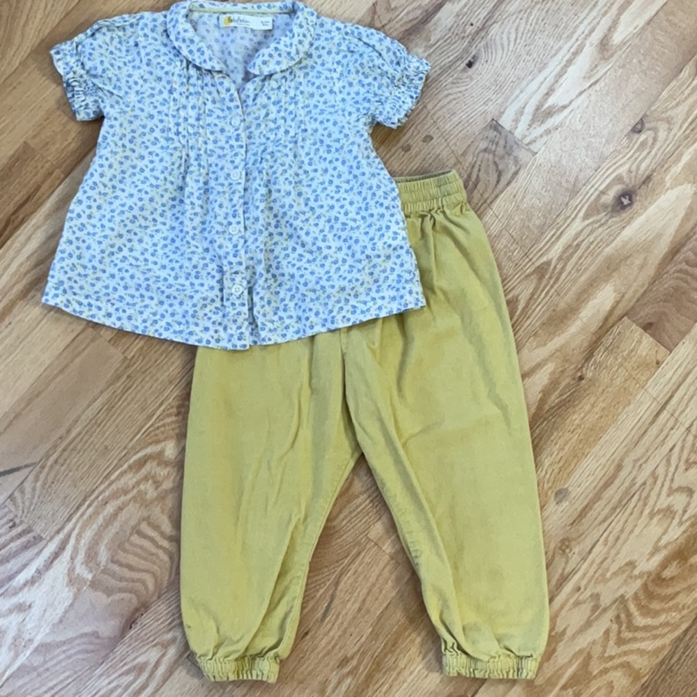 Mini Boden Blue Floral Top and Yellow Pants Set